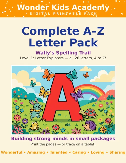 The Complete A–Z Pack cover — a giant red letter A in a sunny meadow with a bunny, a turtle, a hedgehog, a frog, and butterflies under a rainbow