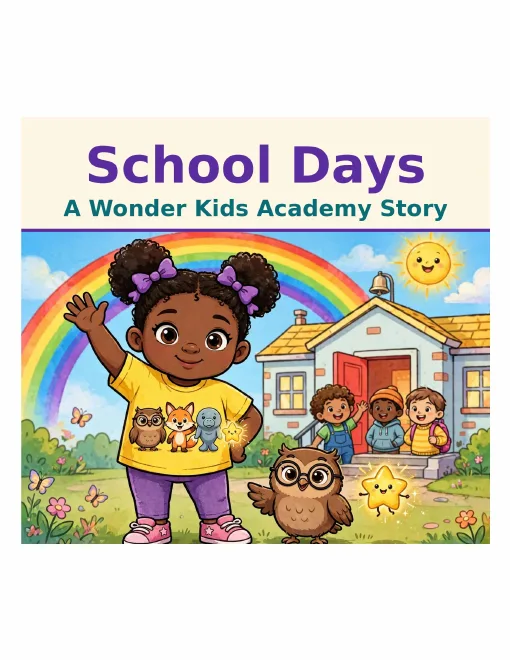 School Days book cover — Journi waving in front of Wonder Kids Academy under a rainbow, with Wally the Owl and Dot