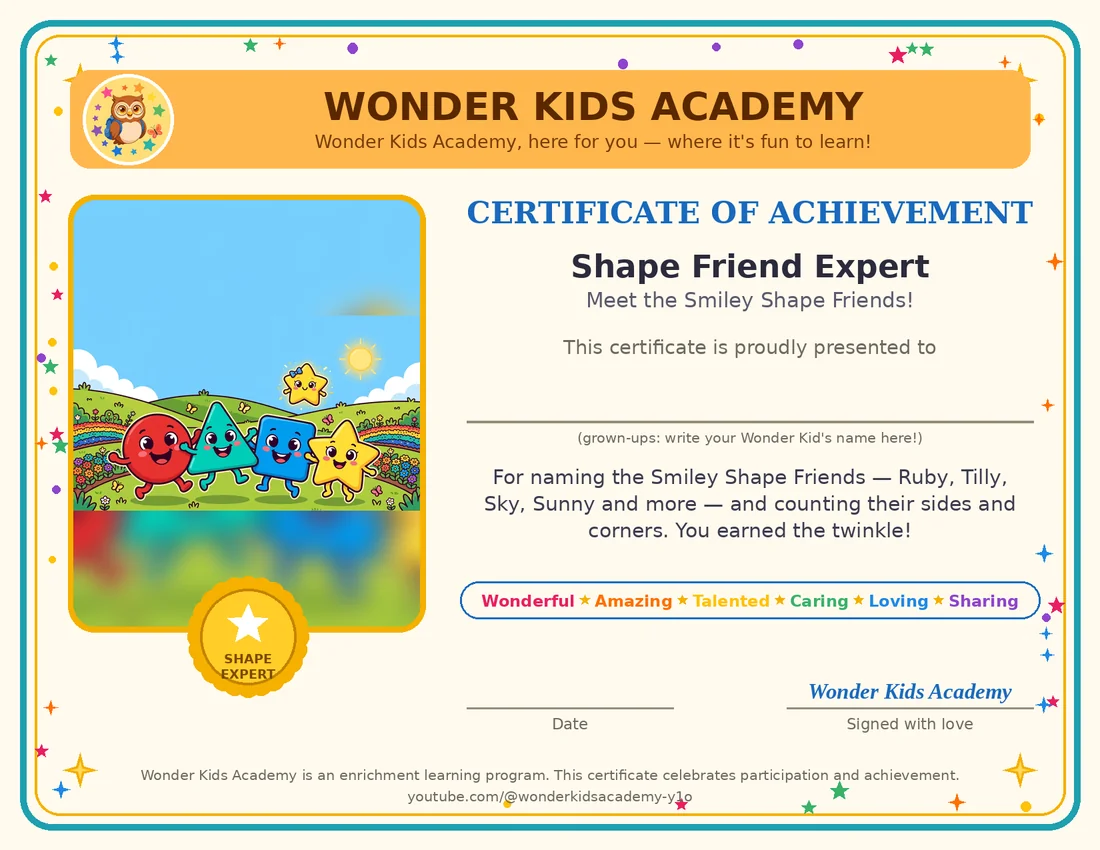 Shape Friend Expert certificate — Meet the Smiley Shape Friends, with Ruby, Tilly, Sky, Sunny, and Dot