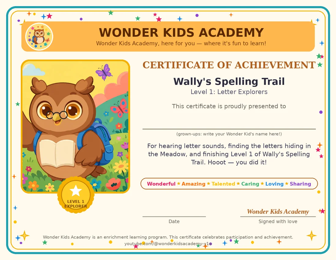 A Wonder Kids Academy certificate of achievement for Wally’s Spelling Trail Level 1