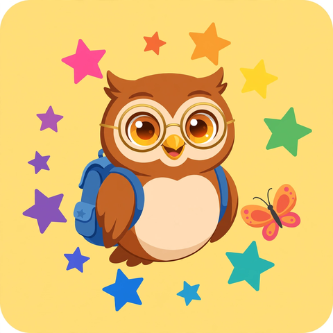 Wonder Kids Academy logo — Wally the Owl surrounded by rainbow stars