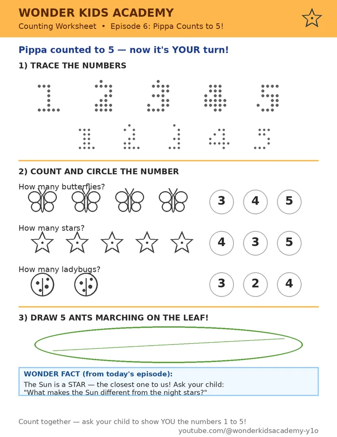 A Count to Five printable worksheet with numbers to trace and butterflies, stars, and ladybugs to count
