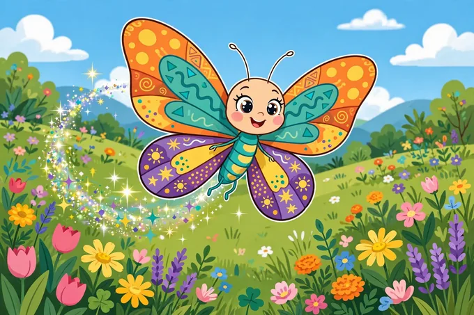 Bella the Butterfly with bright rainbow wings flying over colorful flowers