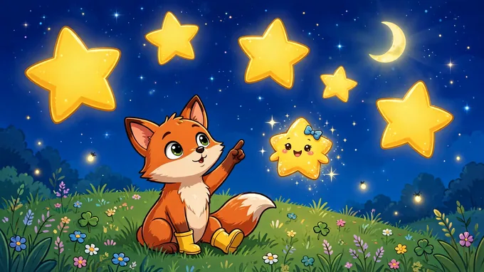 Pippa the Fox counting five twinkling stars in a night sky